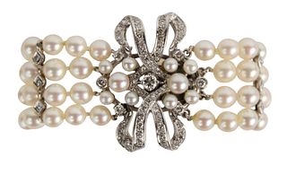 Four Strand 6mm Cultured Pearl & Diamond Bracelet