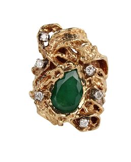 Modernist 14K Yellow Gold Emerald Diamond Ring