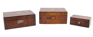 Three Inlaid Wood Table Top Boxes
