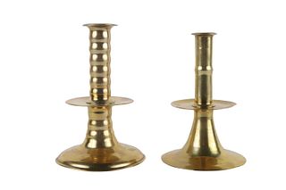Two Cast Brass Trumpet-Base Mid-Drip Candlesticks