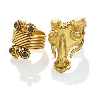TWO 18K GOLD RINGS BY ILIAS LALAOUNIS, GREECE