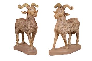 Pair of Carved and Painted Wood Rams