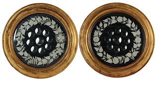 Pair of Circular Mirrors with Etched Decoration