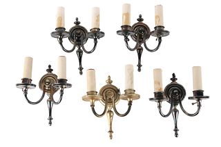 Five Silver Plated Two-Light Wall Sconces