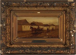 J. Stone, Oil on Board, Horse and Wagon on Street