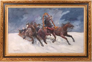 Vladimir Lazarev, Oil on Canvas, Sleigh Ride