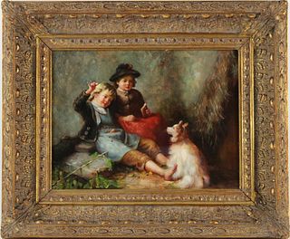 Oil on Board, Children with Dog