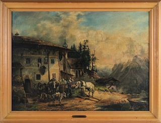 Oil on Canvas, Alpine Village Scene