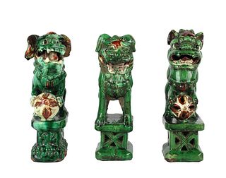 Three Green-Glazed Ceramic Temple Guardians
