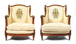 A Pair of Louis XVI Style Bergeres, Height 39 1/2 x width 28 x depth 30 inches.