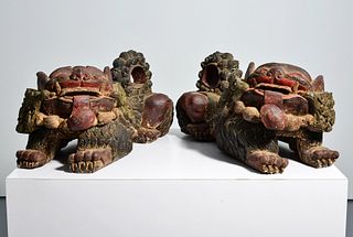 Pair of Large Indonesian Carved Foo Dogs