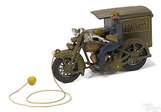 Hubley cast iron Parcel Post motorcycle with a police driver, 9 1/2'' l.