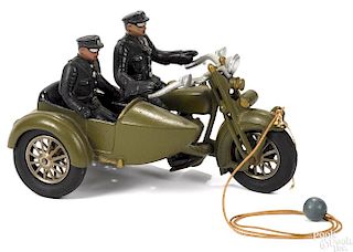 Hubley cast iron Harley Davidson police motorcycle and sidecar, 9'' l.