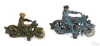 Two Hubley cast iron Harley Davidson motorcycles, one driver with a swivel head, 7 1/4'' l.