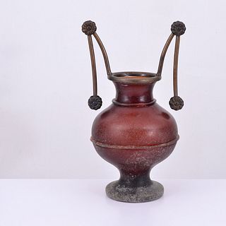 Large Bronze-Handled Glass Vase