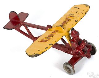 Hubley cast iron Lindy Glider airplane with a pilot, 6'' wingspan.