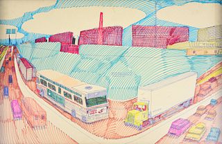 Wesley Willis Chicago Cityscape Drawing, 40"W
