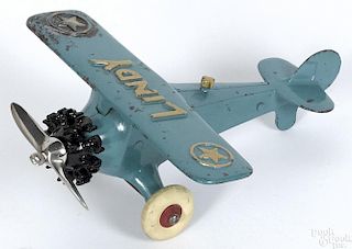 Hubley cast iron Lindy airplane with a nickel-plated propeller, 7 1/4'' wingspan.