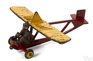 Hubley cast iron Lindy Glider Detroit Gull airplane with a pilot, 11'' wingspan.