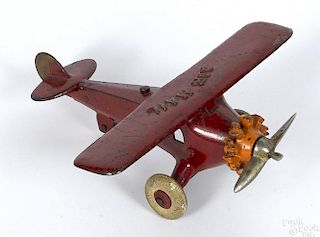 Kenton cast iron Air Mail airplane with a nickel-plated propeller, 8'' wingspan.