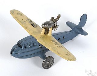 Kilgore cast iron Sea Gull airplane with a nickel-plated engine and propeller, 8 1/4'' wingspan.