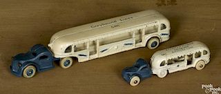 Two Arcade cast iron Greyhound Lines - GMC tandem buses, one inscribed A Century of Progress