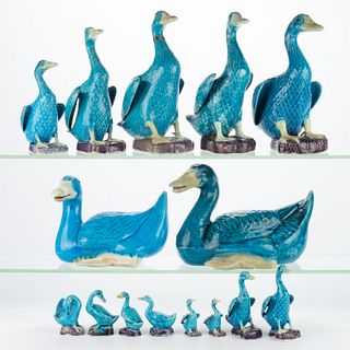 CHINESE PORCELAIN BLUE-GLAZED DUCK FIGURES, LOT OF 15