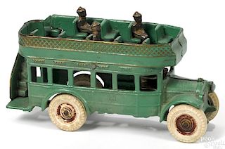 Arcade cast iron double decker bus with three nickel-plated riders, 8'' l.