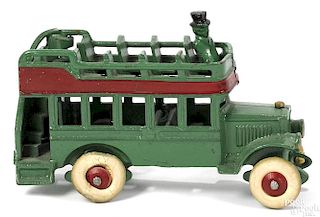 Kenton cast iron double decker bus with one rider, 6 1/2'' l.