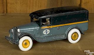 Arcade cast iron International panel van with a nickel-plated driver, 9 1/2'' l.