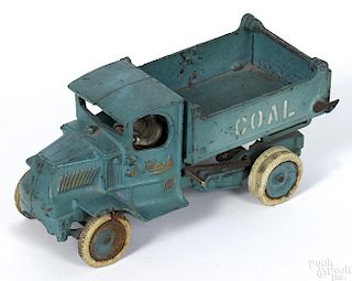 Arcade cast iron Mack Coal scissor dump truck, in a scarce blue version