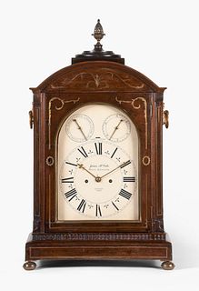 James McCabe English bracket shelf clock in a mahogany case with brass inlays