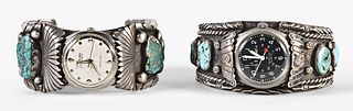 A lot of two signed turquoise mounted Navajo watch cuffs