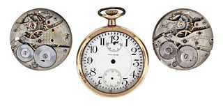A lot of two Waltham model 1908 wind indicator movements together with a dial and a case
