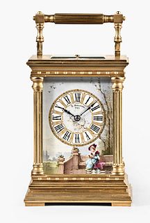 A good late 19th century repeating carriage clock with polychrome porcelain panels