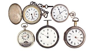 A lot of five pocket watches including two English verge fusees