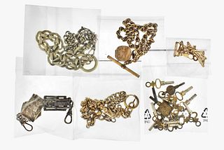 A lot of 15 pocket watch chains keys and pouches