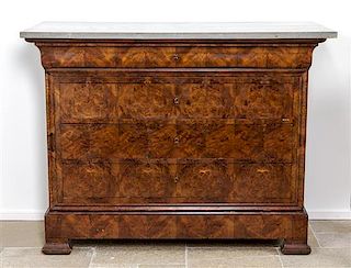 A Continental Burlwood and Walnut Parquetry Chest of Drawers, Height 38 x width 50 x depth 23 inches.