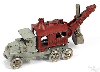 Hubley cast iron Panama steam shovel truck with nickel-plated wheels and a bucket, 13'' l.