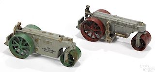 Two Arcade cast iron road rollers with nickel-plated drivers