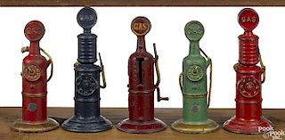 Five cast iron Gas pumps, to include Arcade, A.C. Williams, and Kilgore, tallest - 7''.