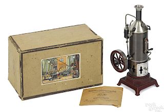 Ernst Plank Cosmos steam engine, in its original box, 13'' h., 4 1/2'' w.
