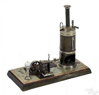 Bing steam engine with dynamo, mounted on a decorated tin and wood base