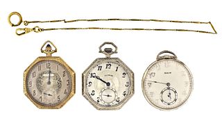 A lot of three 12 size 14 karat gold American pocket watches and a gold watch chain
