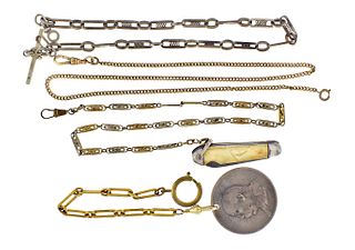 A lot of seven pocket watch chains and related items