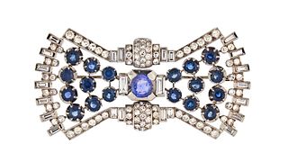 A very decorative Art Deco era diamond and sapphire set bowtie form brooch