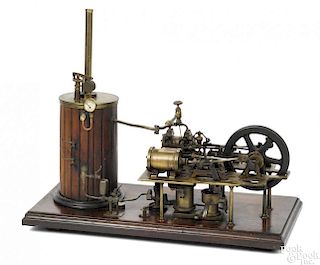Bassett-Lowke double cylinder steam engine, on a wood base, with a slatted wood encased boiler