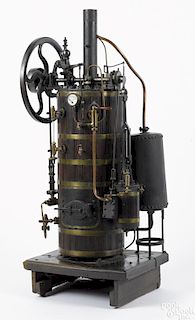 Large Radiguet vertical overtype steam engine, 19th c., boiler and side mounted water pump