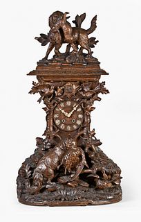 Black Forest hand carved shelf cuckoo clock with hunting dog and wolf