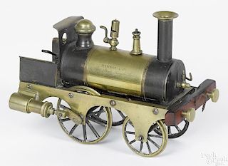 Stevens dockyard 2-2-0 steam powered brass locomotive, retaining a paint decorated boiler